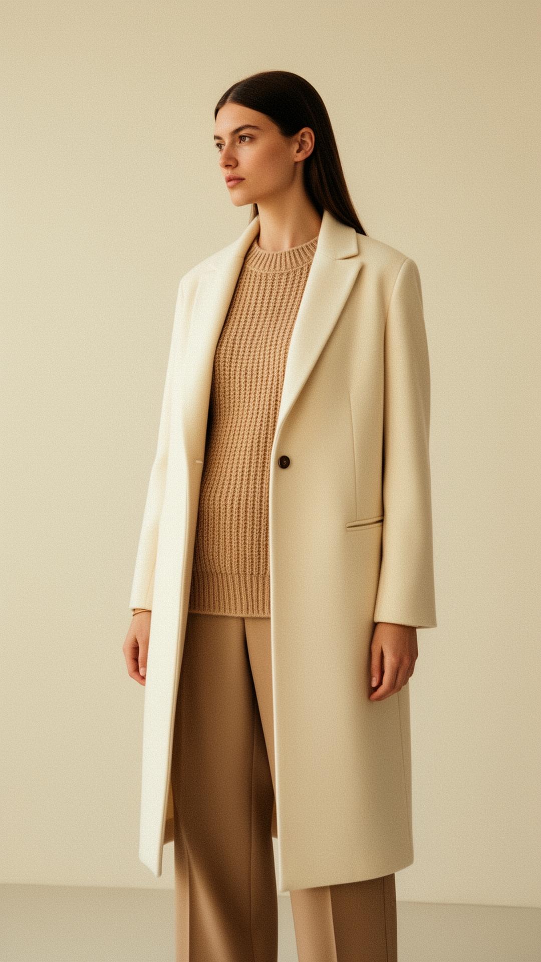 StitchAura editorial — model in cream wool overcoat